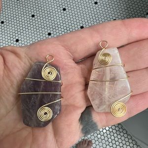 New pendants amethyst or rose quart wrapped in gold color wire